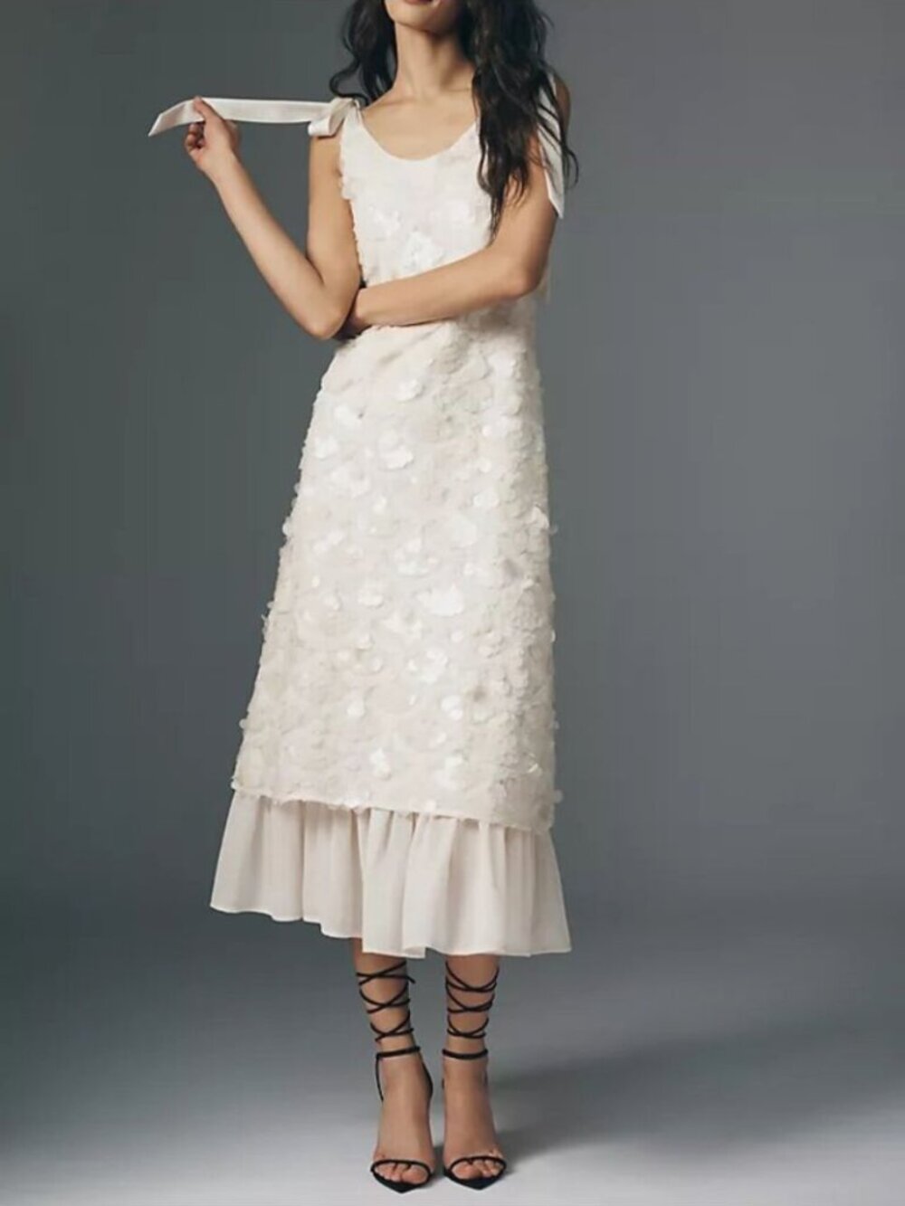 Anthropologie x En Saison Emryn Sequin A-Line Bow Midi Dress Cream Size Medium